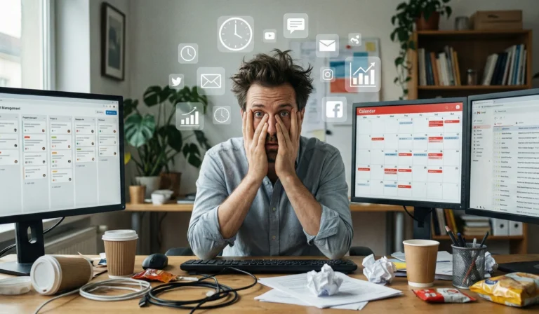 overwhelmed digital marketer managing multiple online tasks